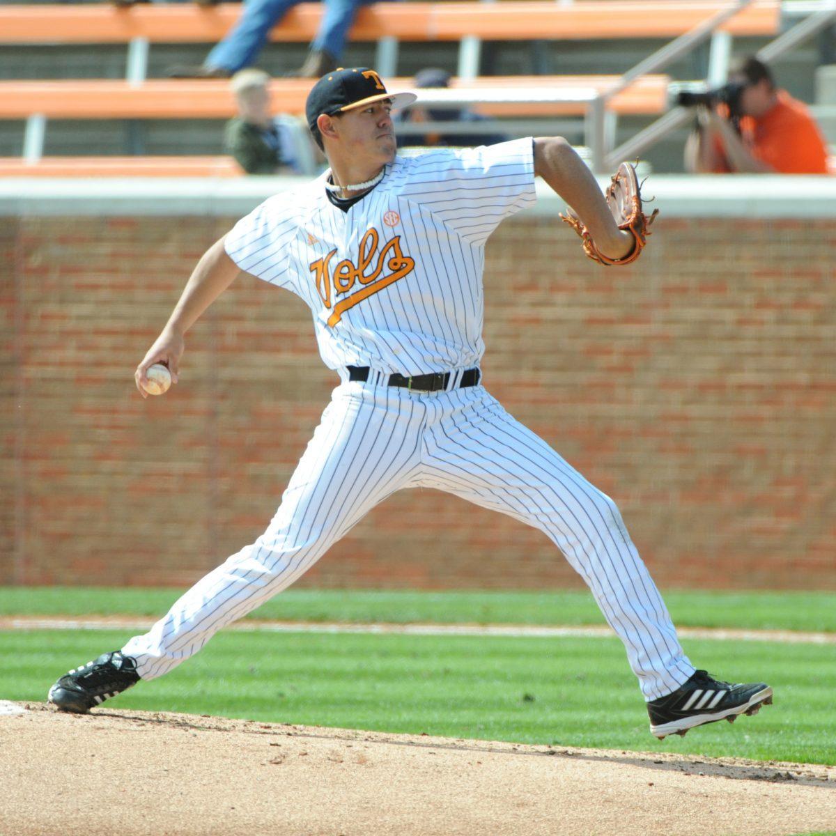Freshman pitcher Trevor Bettencourt prepares to pitch against the Longwood Lancers at Lindsey Nelson Stadium on April 2.
