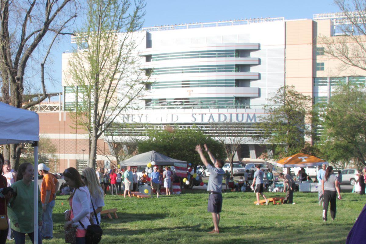 Students mingle in Circle Park during 'Relay for Life' on Friday afternoon.