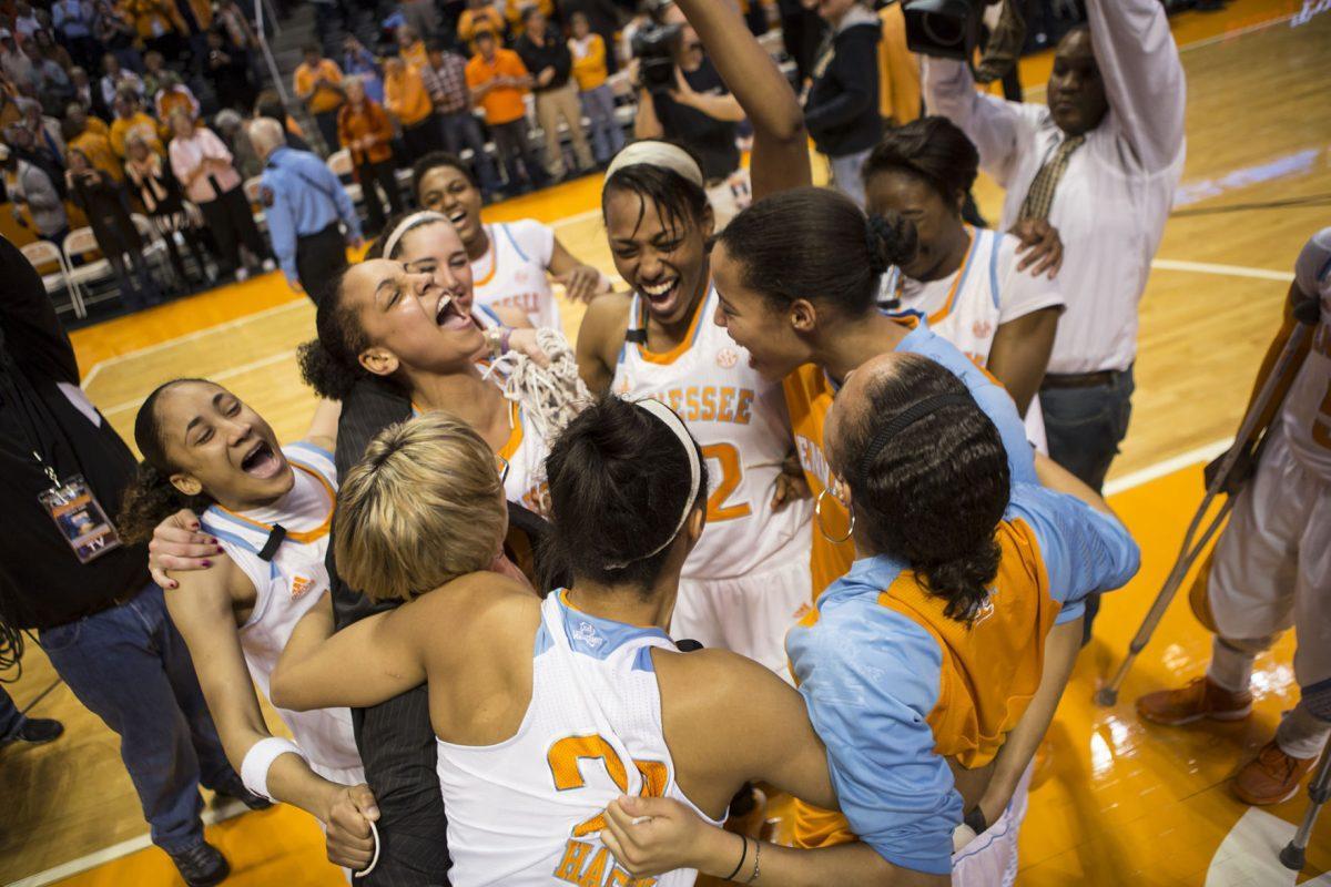 Lady Vols celebrate their close win against Texas A&amp;M for the regular season SEC title in Thompson Boling-Arena on Feb. 28.