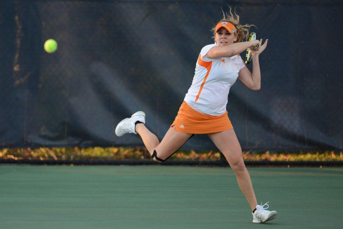 Junior Brynn Boren returns a forehand against the Arkansas Razorbacks at Barksdale Stadium on April 5.
