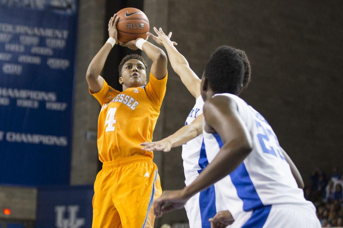 Senior Kamiko Williams shoots for the goal during the SEC matchup against the University of Kentucky Wildcats