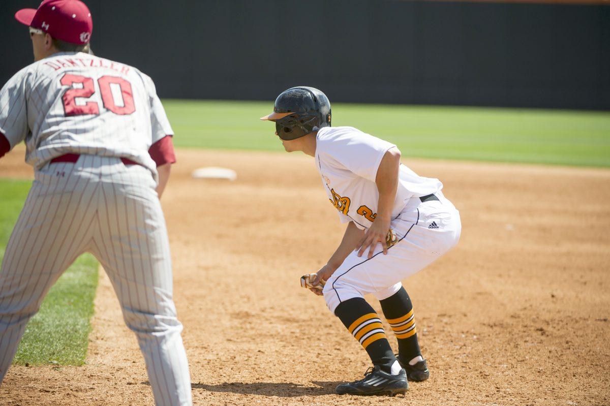 Taylor Smart takes a lead off first base against South Carolina on April 6.