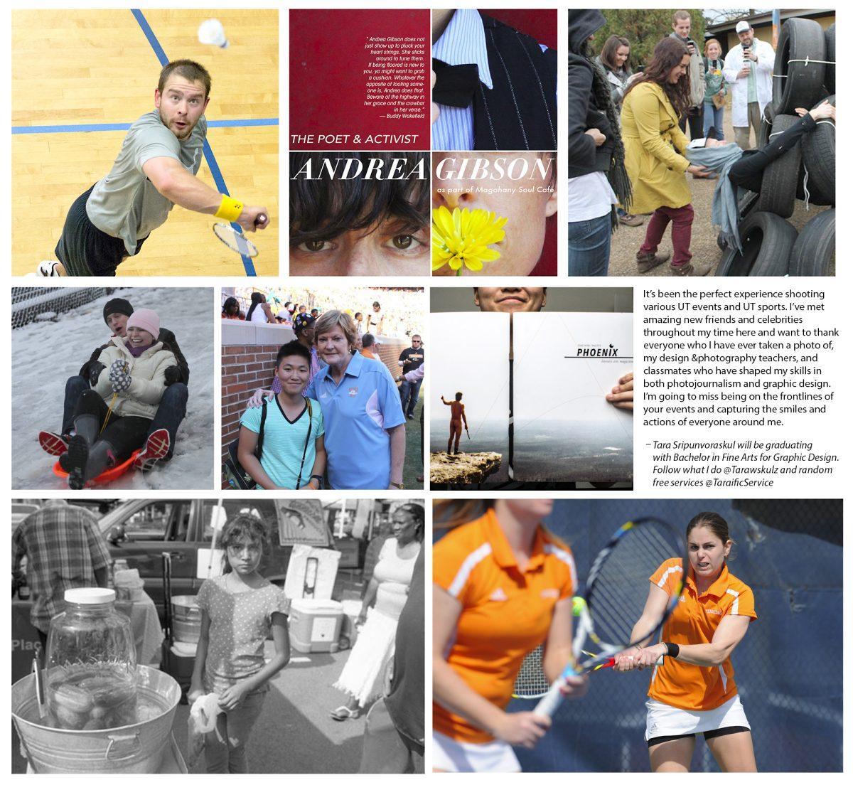 It’s been the perfect experience shooting various UT events and UT sports. I’ve met amazing new friends and celebrities throughout my time here and want to thank everyone who I have ever taken a photo of, my design and photography teachers, and classmates who have shaped my skills in both photojournalism and graphic design. I’m going to miss being on the frontlines of your events and capturing the smiles and actions of everyone around me.Tara Sripunvoraskul will be graduating with Bachelor in Fine Arts for Graphic Design. Follow what I do @Tarawskulz or visit www.tarainahalfshell.com