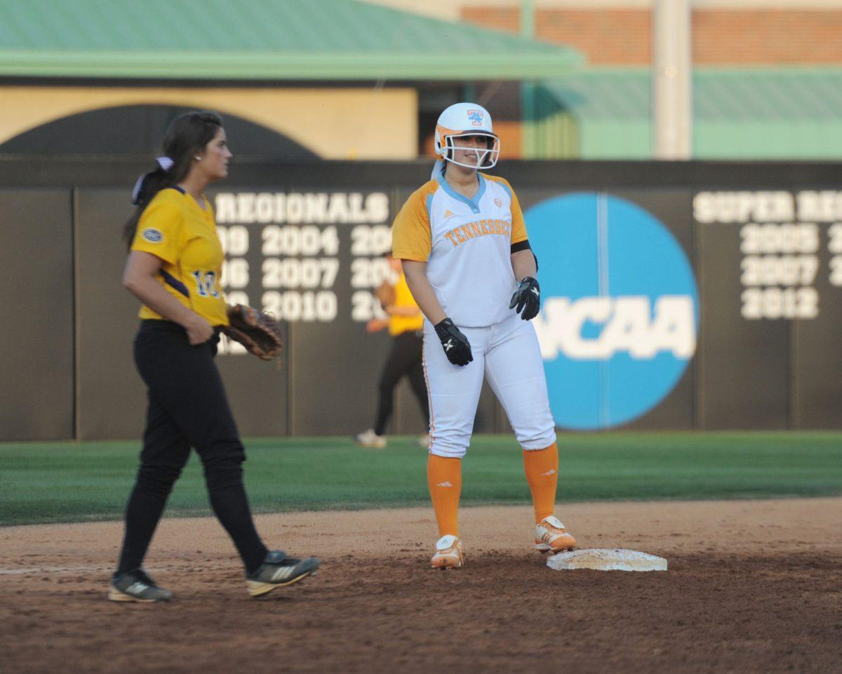 Cheyenne Tarango #77 smiles after a double to left field in the 5th inning against Tennessee Tech on Wednesday.