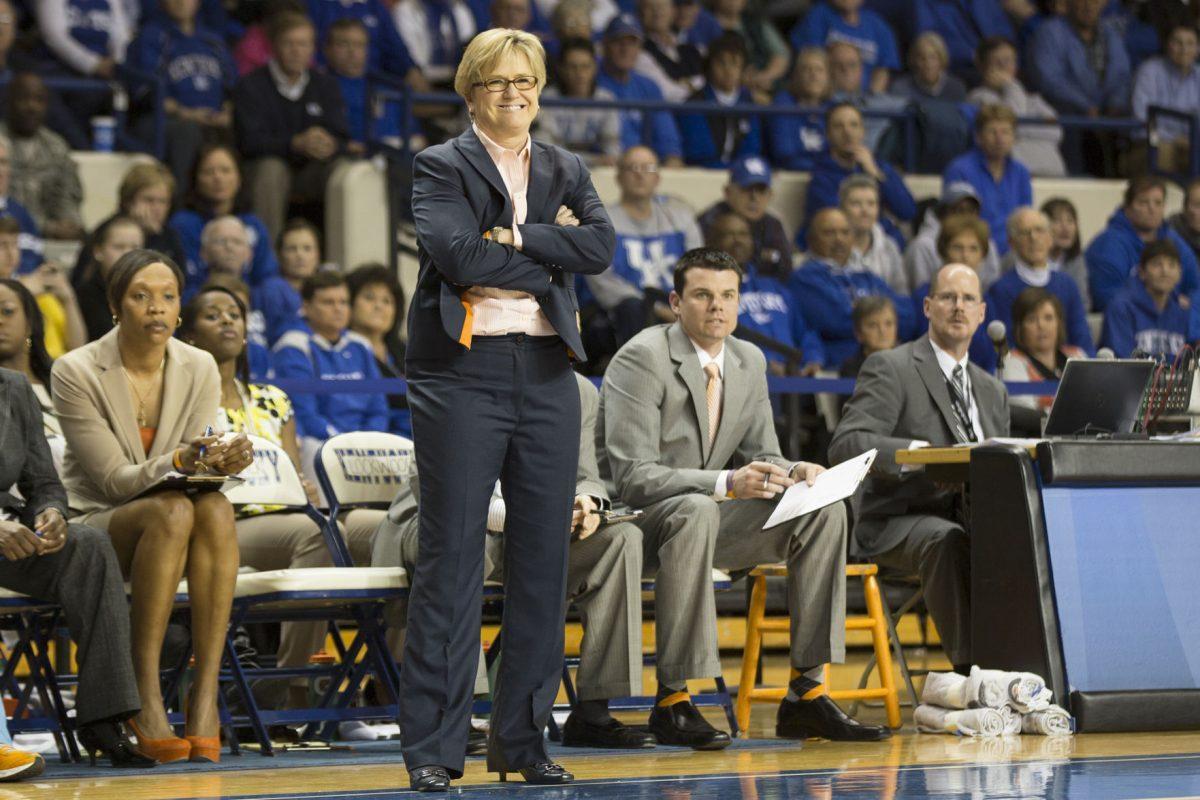 Holly Warlick shows a quick smile during the Lady Vols game at Kentucky on March 3.