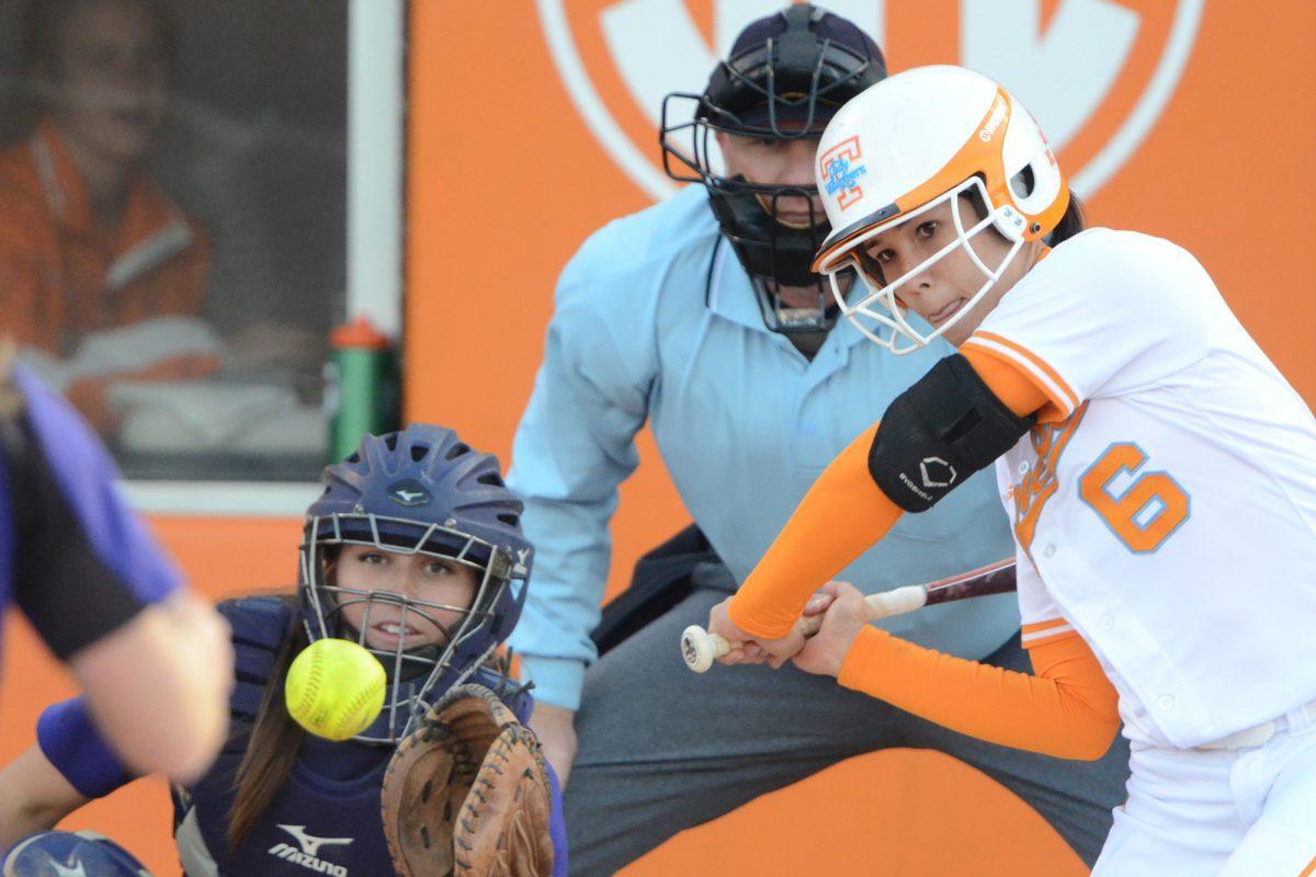 Hannah Akamine concentrates during a pitch against the Western Carolina Catamounts at Lee Stadium on April 1.