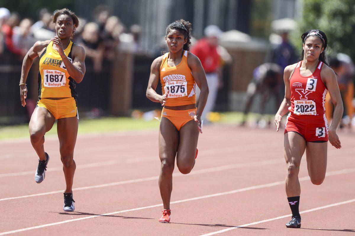 Kia Jackson, middle, during the Women's 4x100 Meter Relay Showcase in the 47th annual Sea Ray Relays at LaPorte Stadium and the Tom Black Track in Knoxville, TN on April 13, 2013.