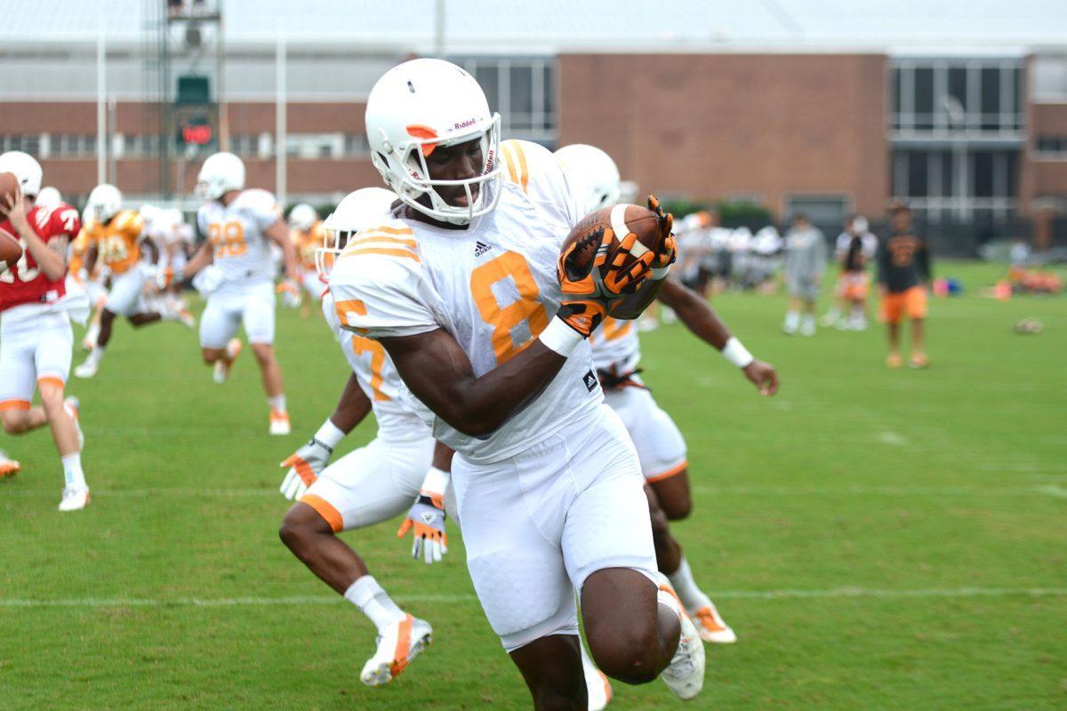 Wide receiver Marquez North catches a pass during fall camp at Haslam Field on Aug. 12. North, a freshman from Charlotte, N.C., was announced as a starter for the Vols season-opener against Austin Peay on Saturday.