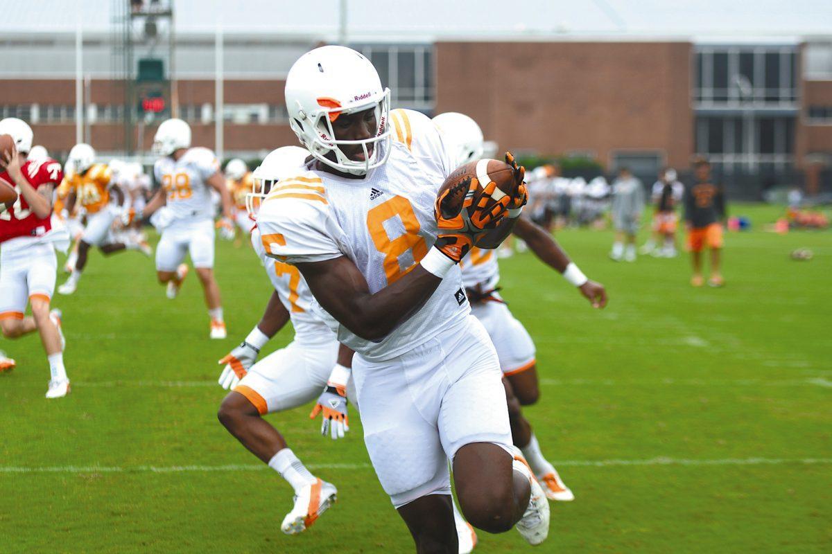 Freshman wide receiver Marquez North catches a pass during training camp at Haslam Field on Aug. 12. North is listed as a starter on the team's initial depth chart for their season opening matchup with Austin Peay on Saturday.