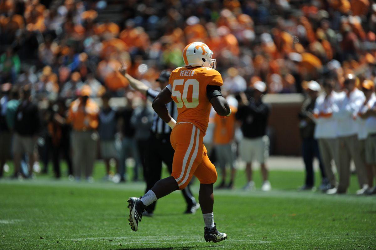 Corey Vereen, runs off field during the Orange and White game on April 20, 2013. Vereen suffered a knee injury on Aug. 9 in fall practice but is expected to return and contribute during the season.