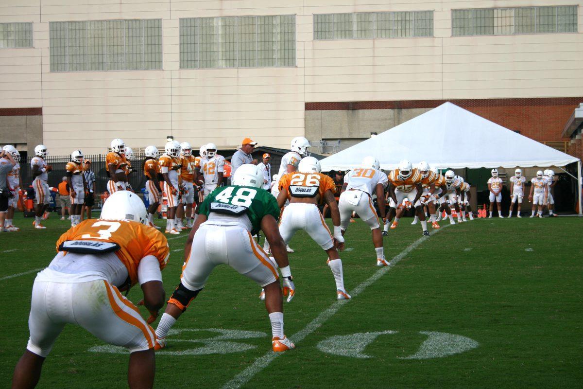 The Vols run line drills in practice in preparation for team's season opener against Austin Peay Saturday Aug. 31 at 6 p.m.