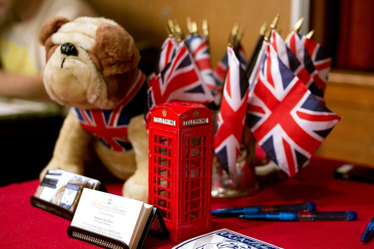 A table endorsing a study abroad trip to Britain boats the British flag, a bulldog and a red telephone box at the Study Abroad Fair on Sept. 25.