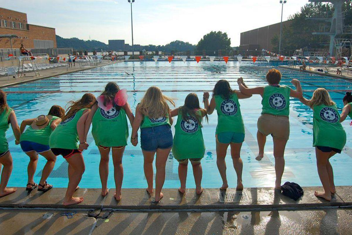 The seniors of Delta Gamma prepare to jump in the pool at TRECS during the annual Anchor Games.