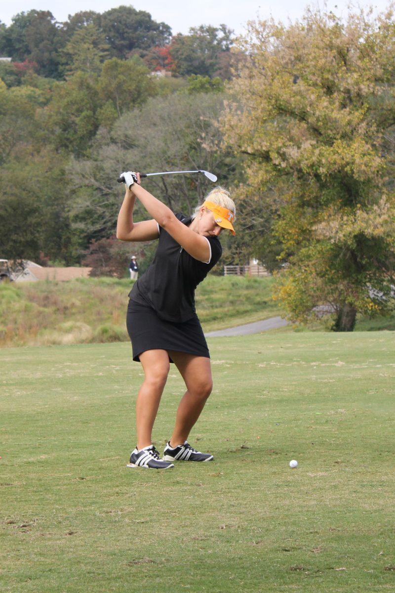 Junior AJ Newell winds up in her backswing to tee off at the 2012 Mercedes-Benz Women's Collegiate Championships at Holston Hills Country Club on Oct. 11, 2012.