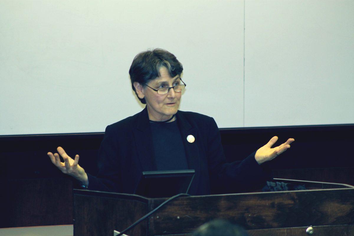 Abby Rubenfeld, a lawyer and marriage equality advocate, poses a question to her audience during the DOMA Lecture, hosted by UT's College of Law, on Sept. 25.