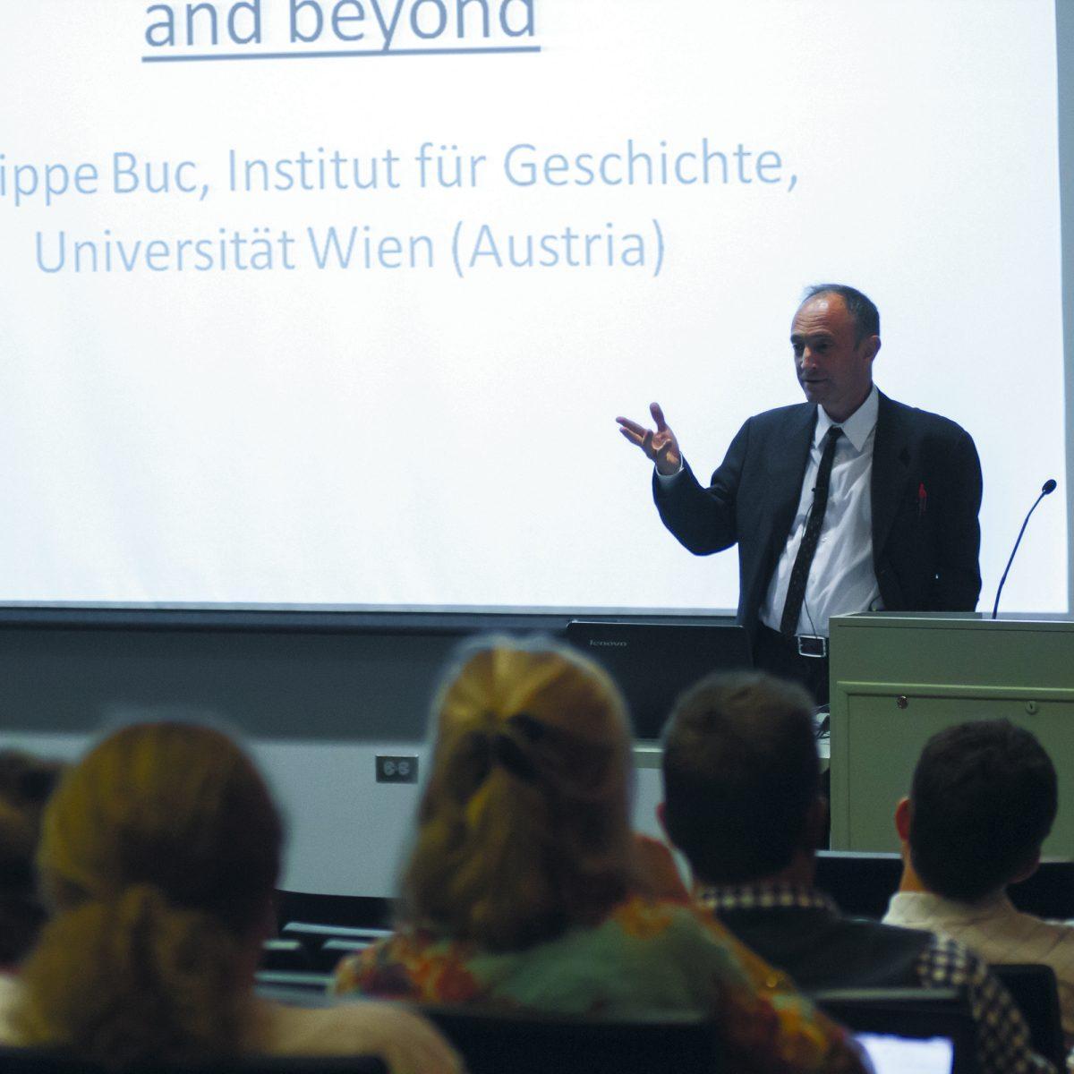 Philipe Buc, Austrian historian and author, discusses the history of religious tensions that caused mass slaughterings with students in Hodges Library’s Lindsay Young Auditorium on Sept. 10 for UT’s 2nd annual Distinguished Lecture Series.