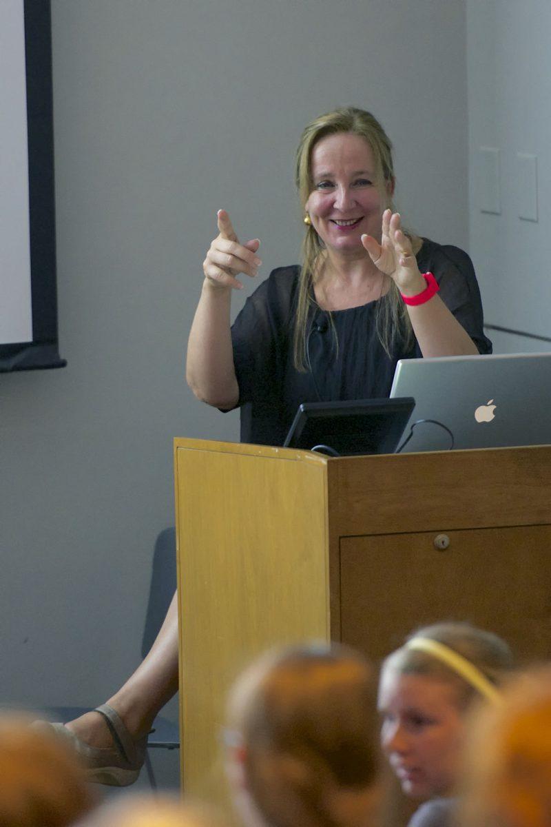 Fransje Killaars speaks to students about her artwork that encompasses multiple mediums on Sept. 12. The art will be on display in the Ewing Gallery until Oct. 21