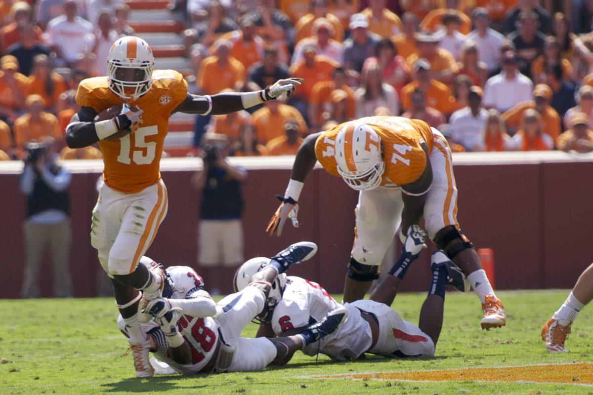 Junior running back Marlin Lane breaks free for a 54-yard run in the first quarter against South Alabama at Neyland Stadium on Sept. 28. Lane finished the day with five carries for 66 yards and a touchdown.