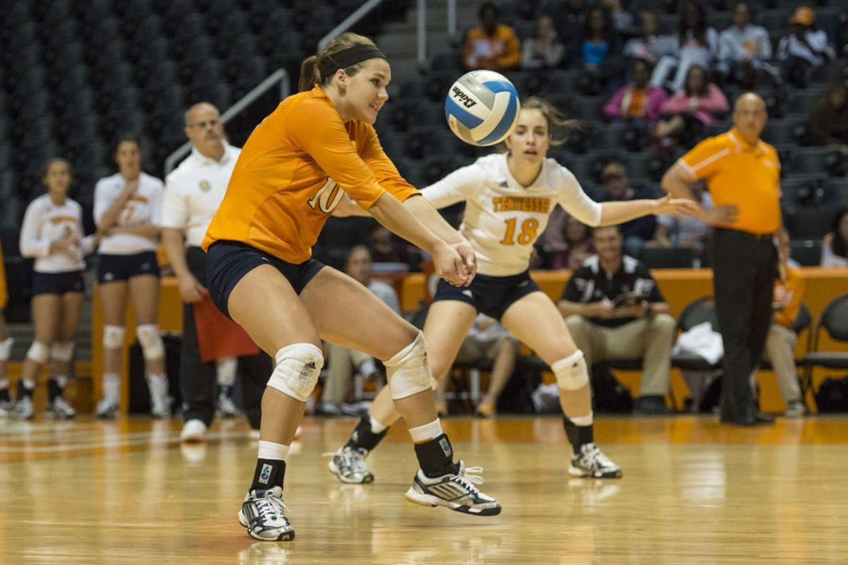 Senior libero Ellen Mullins returns an anticipated bump during the Tennessee Invitational matchup against the Coastal Carolina University Chanticleers on Sept. 21.