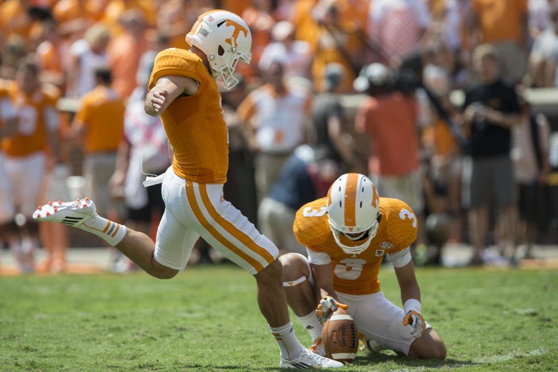 Michael Palardy kicks a 23-yard field goal against the Western Kentucky at Neyland Stadium on Saturday, Sept. 7. The senior, who serves as UT's place-kicker and punter, had a punt blocked Saturday against the Hilltoppers.
