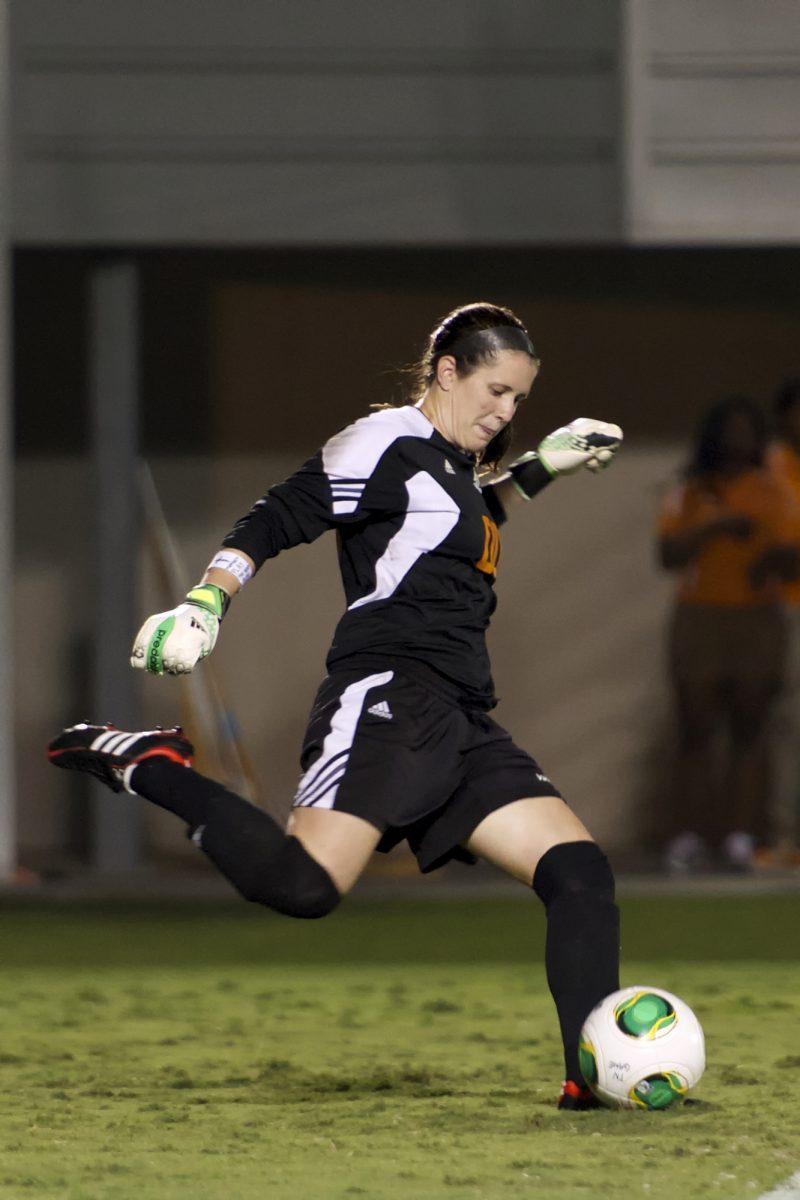UT goalkeeper Julie Eckel sends a goal kick downfield against Texas A&amp;M on Friday, Sept. 20. Eckel recorded her fifth shutout of the season.
