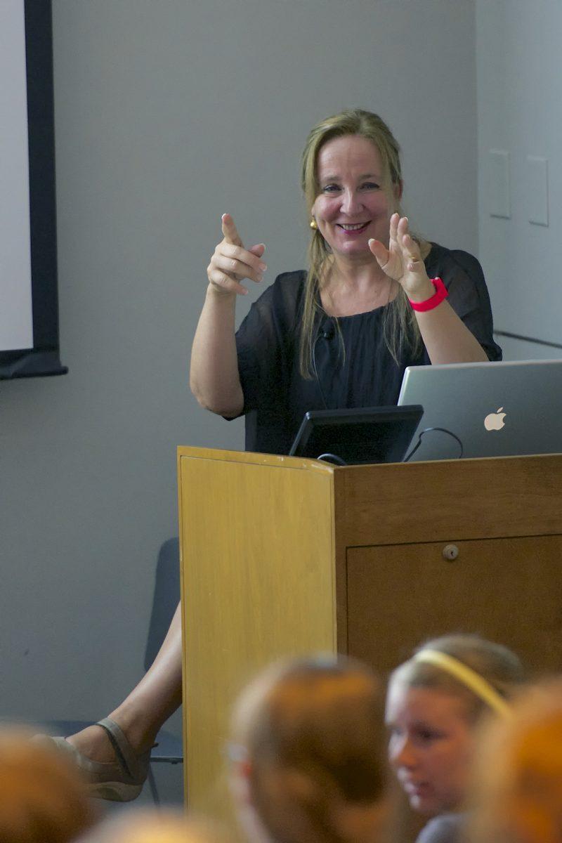 Fransje Killaars speaks to students about her artwork that encompasses multiple mediums on Sept. 12. The art will be on display in the Ewing Gallery until Oct. 21