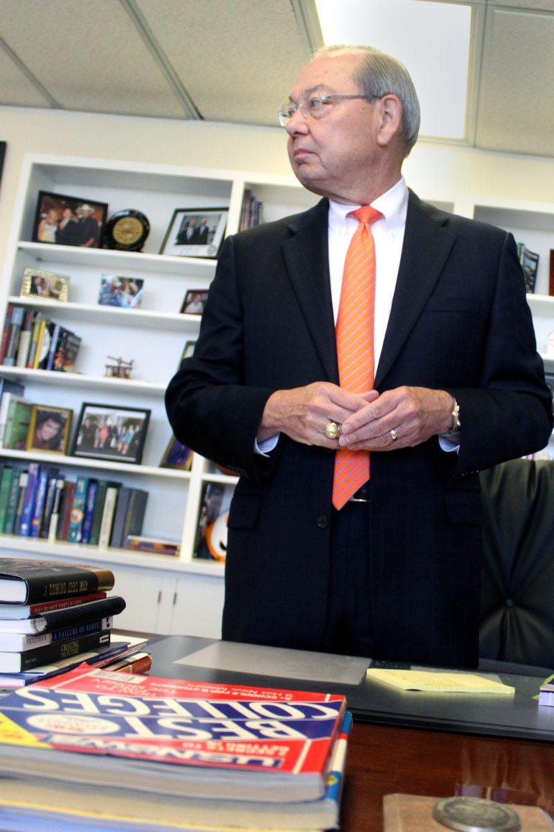 University of Tennessee Chancellor Jimmy Cheek prepares to field questions from reporters during Tuesday's press conference addressing UT's 47th rank in U.S. News and World Report's top public universities. Cheek said he remains confident the university will achieve its goal of top 25 status by 2020.