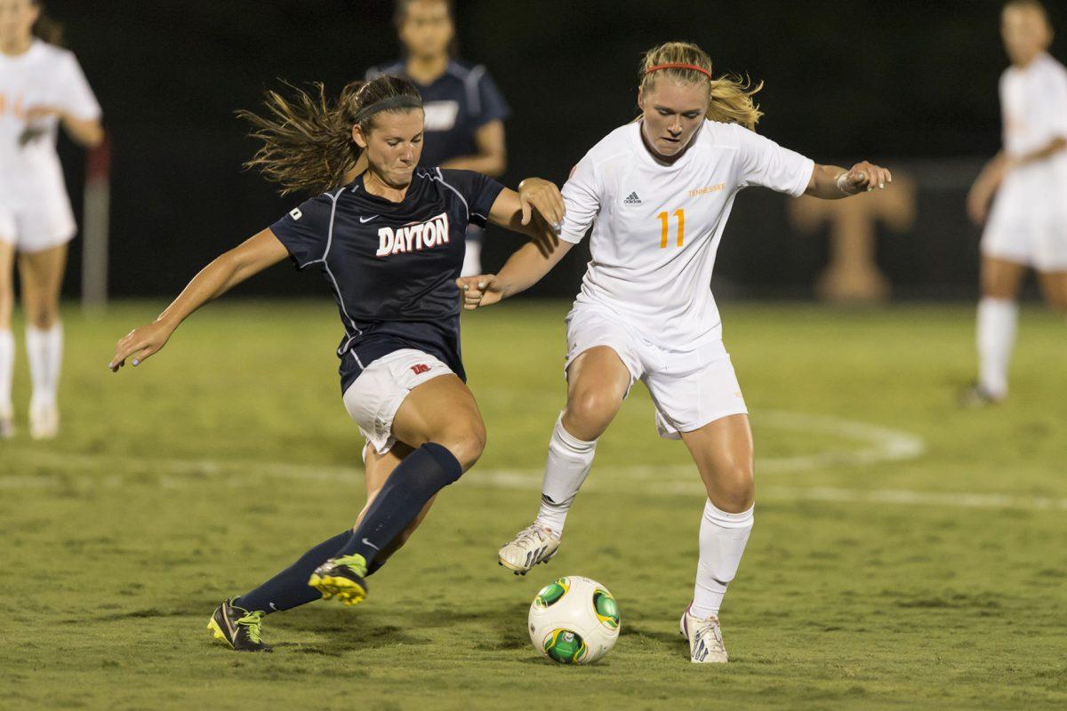 Lady Vol forward Amalie Thestrup fights for ball against a Dayton defender in Tennessee's 2-0 win at Regal Stadium on Friday, Sept. 6.