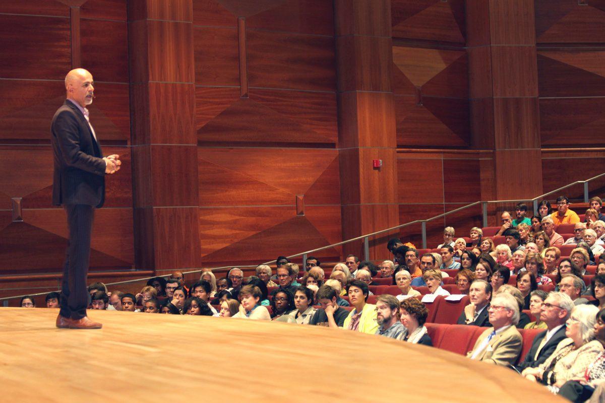 Abraham Verghese, Ph.D, a professor and physician, delivers the fourth annual Anne Mayhew Distinguished Honors Lecture in the Cox Auditorium on Sept. 25.