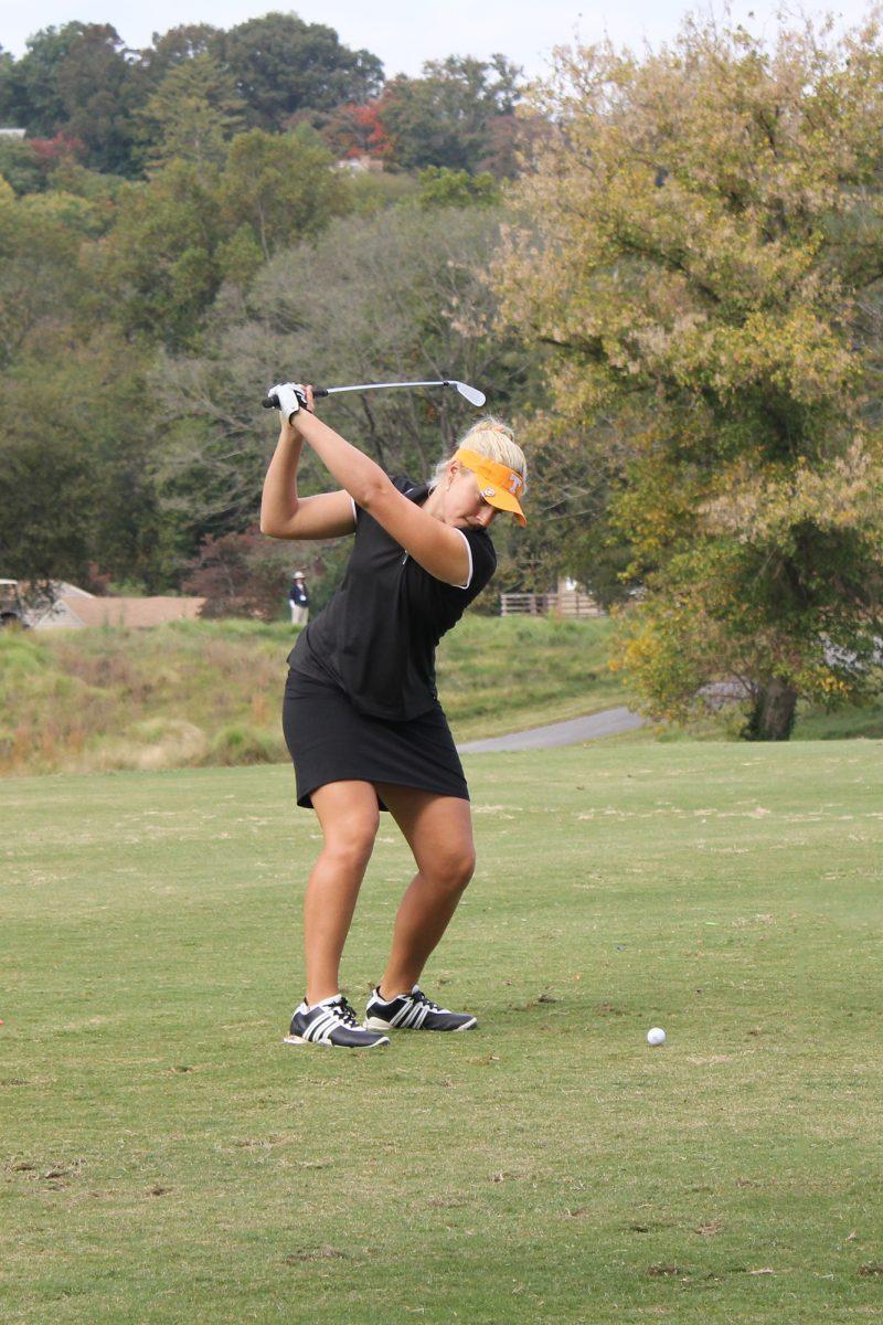 Junior AJ Newell winds up in her backswing to tee off at the 2012 Mercedes-Benz Women's Collegiate Championships at Holston Hills Country Club on Oct. 11, 2012.