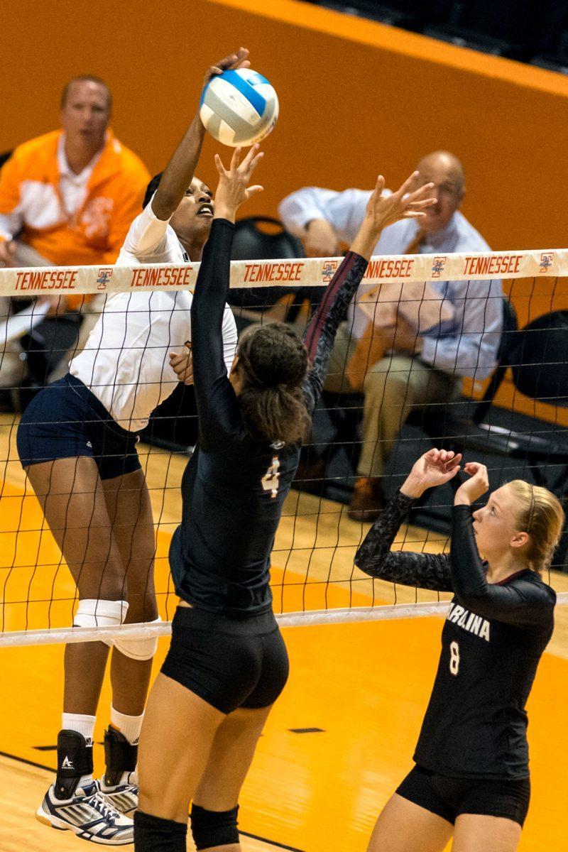 Freshman outside hitter Jamie Lea goes for the kill against South Carolina at Thompson-Boling Arena on Sept. 29.