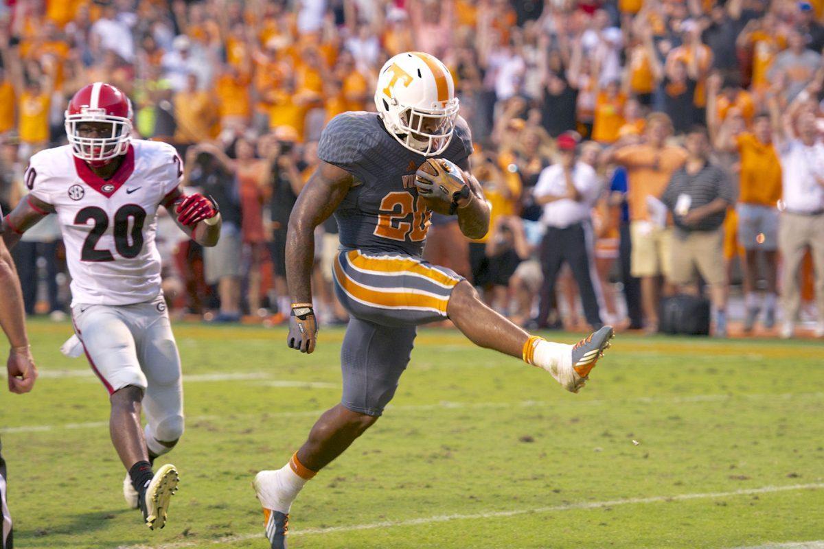 Senior running back Rajion Neal high steps into the end zone to give the Vols a 31-24 lead with 1:54 remaining in the fourth quarter against the Georgia Bulldogs on Oct. 5. The Vols would eventually fall in overtime, 34-31.