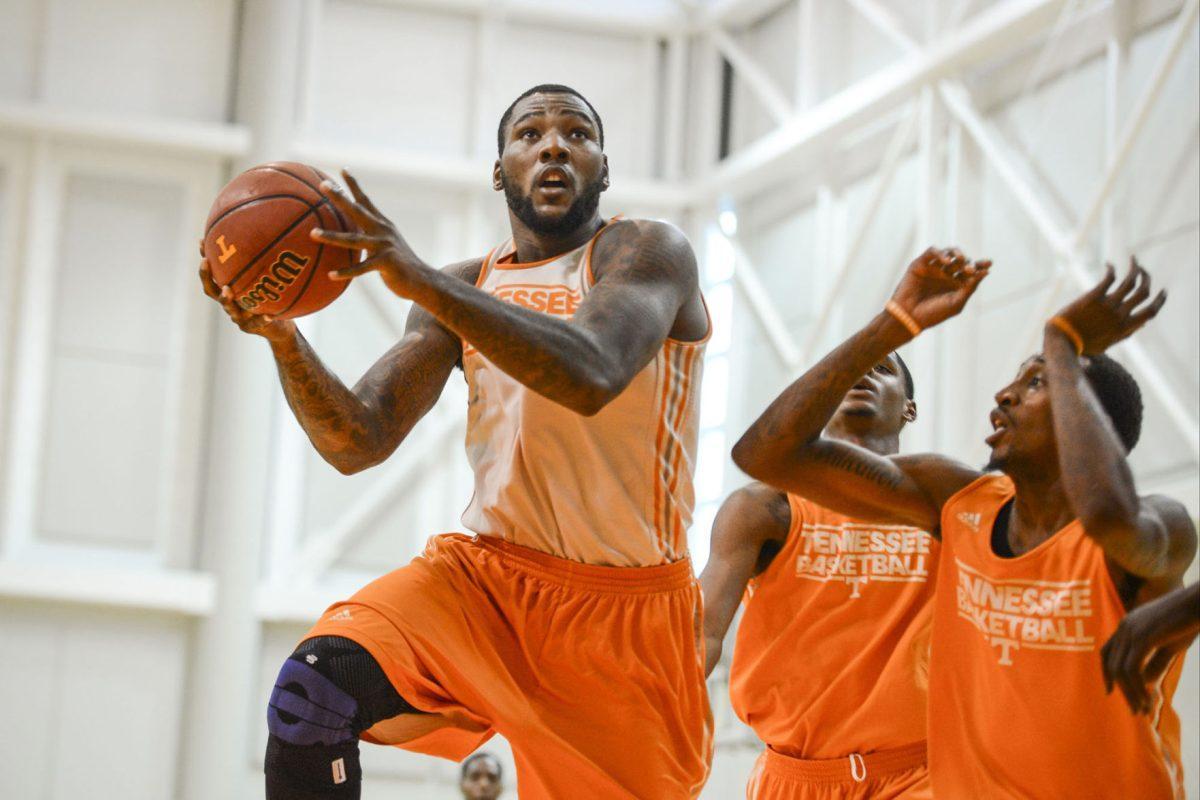 Tennessee redshirt senior forward Jeronne Maymon shoots a layup during the Orange and White scrimmage on Oct. 23 at Pratt Pavilion.