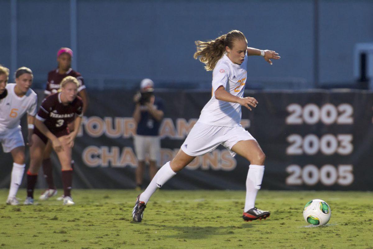 Caroline Brown kicks a penalty shot during the game against Texas A&amp;M on Sept. 20.