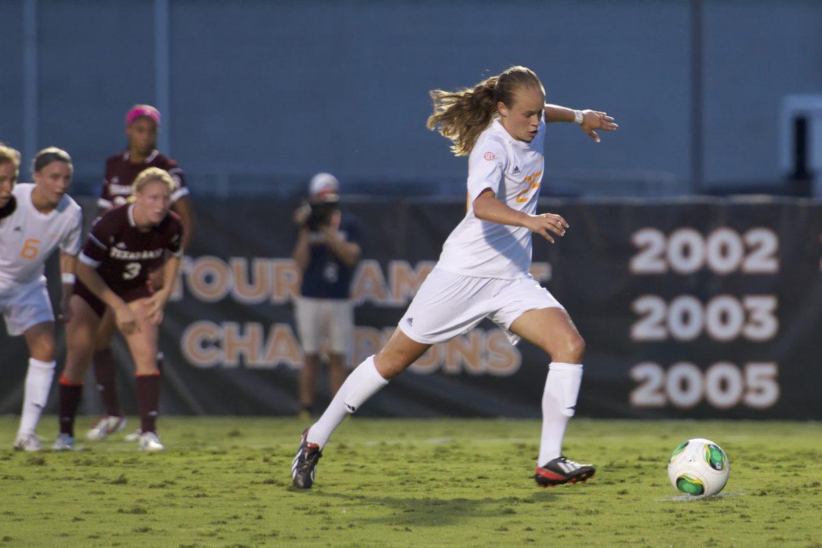 Caroline Brown kicks a penalty shot during the game against Texas A&amp;M on Sept. 20.