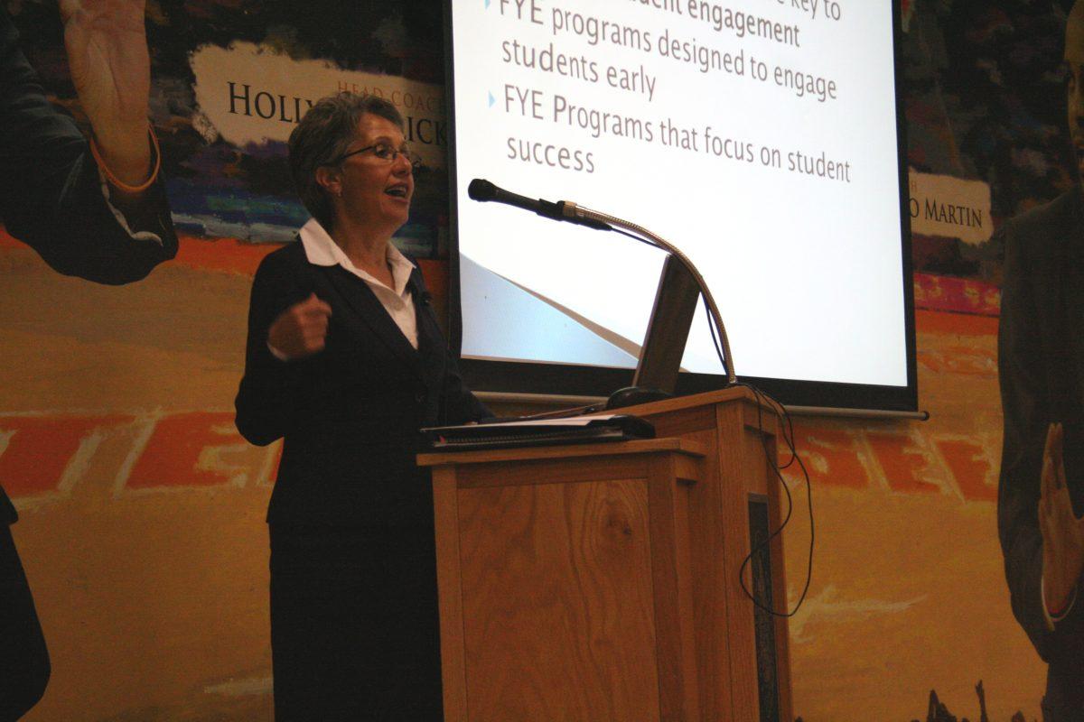 Renee Romano, a candidate for the vice chancellor of Student Life position, explains her plan for improving student affairs Monday, Sept. 30, at the Ray Mears Room in Thompson-Boling Arena.