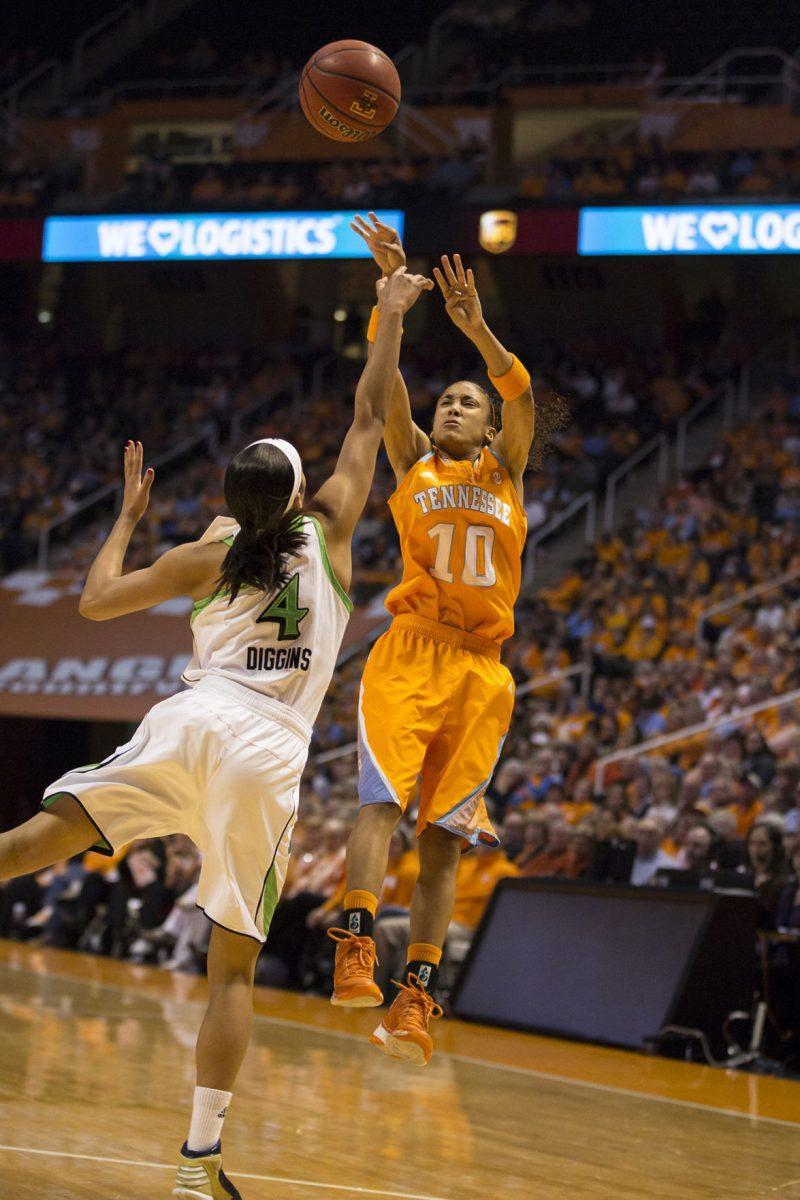 Senior guard Meighan Simmons attempts a 3-pointer against Notre Dame on Jan. 28. Simmons led the Lady Vols in scoring with 16.8 points per game last season.