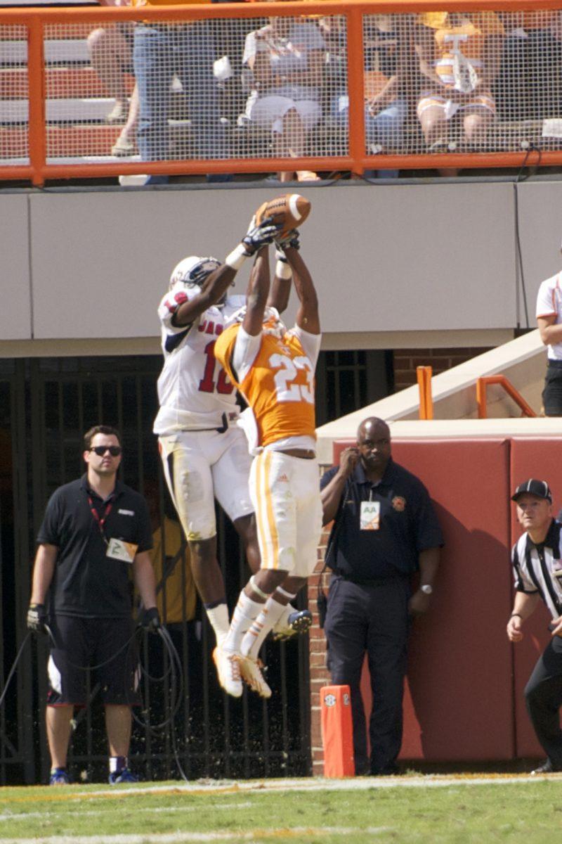 Freshman cornerback Cam Sutton, a native of Jonesboro, Ga., breaks up a pass in the end zone during UT's 31-24 win over South Alabama at Neyland Stadium on Sept. 28.