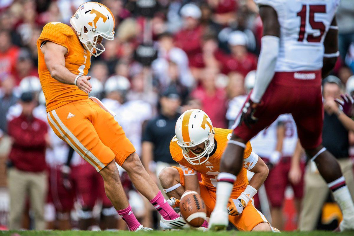 Tennessee kicker Michael Palardy drills the game-winning 19-yard field goal in the Volunteers' 23-21 upset win over South Carolina at Neyland Stadium on Saturday, Oct. 19.