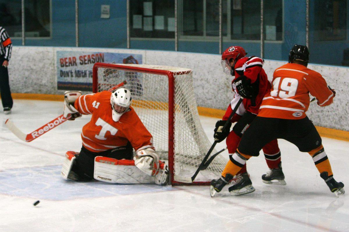 Goalie Ben Deepan defends a shot against the Georgia Ice Dogs at the Icearium on Oct. 18.