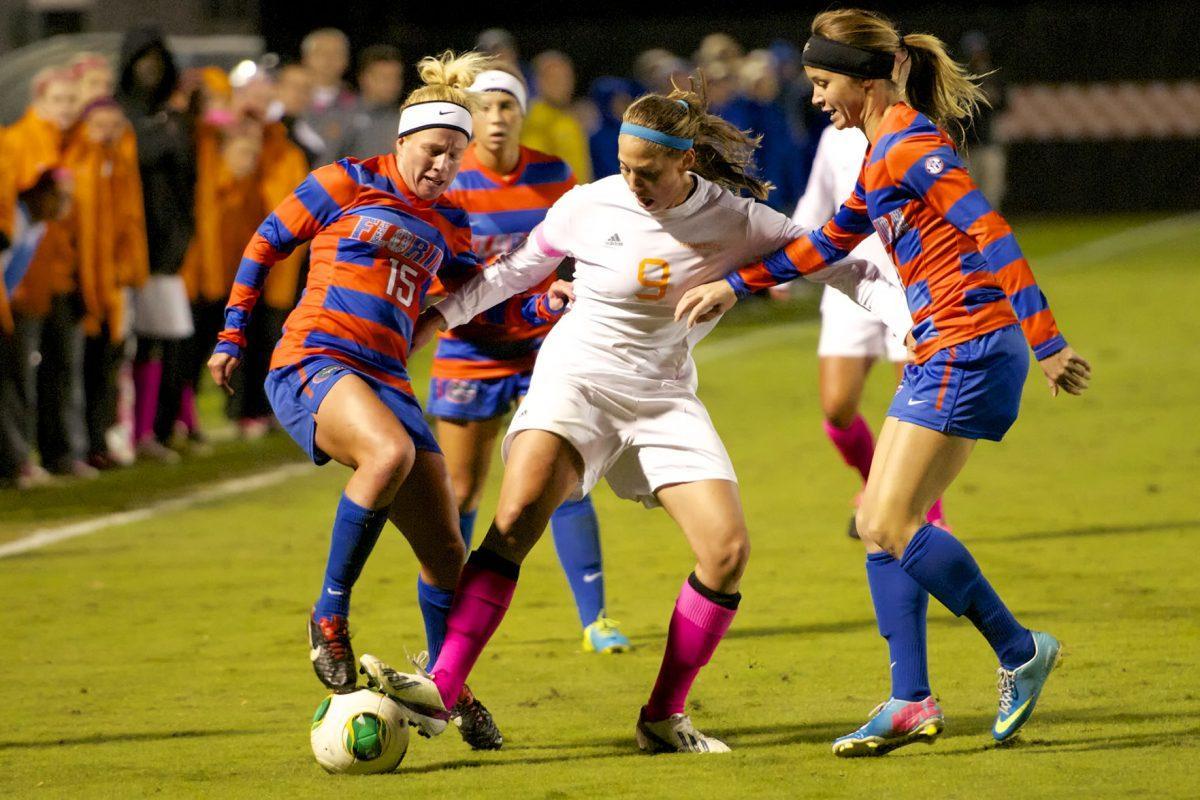 Senior forward Katie Lenz (9) tries to gain possession against Florida at Regal S on Oct. 25.