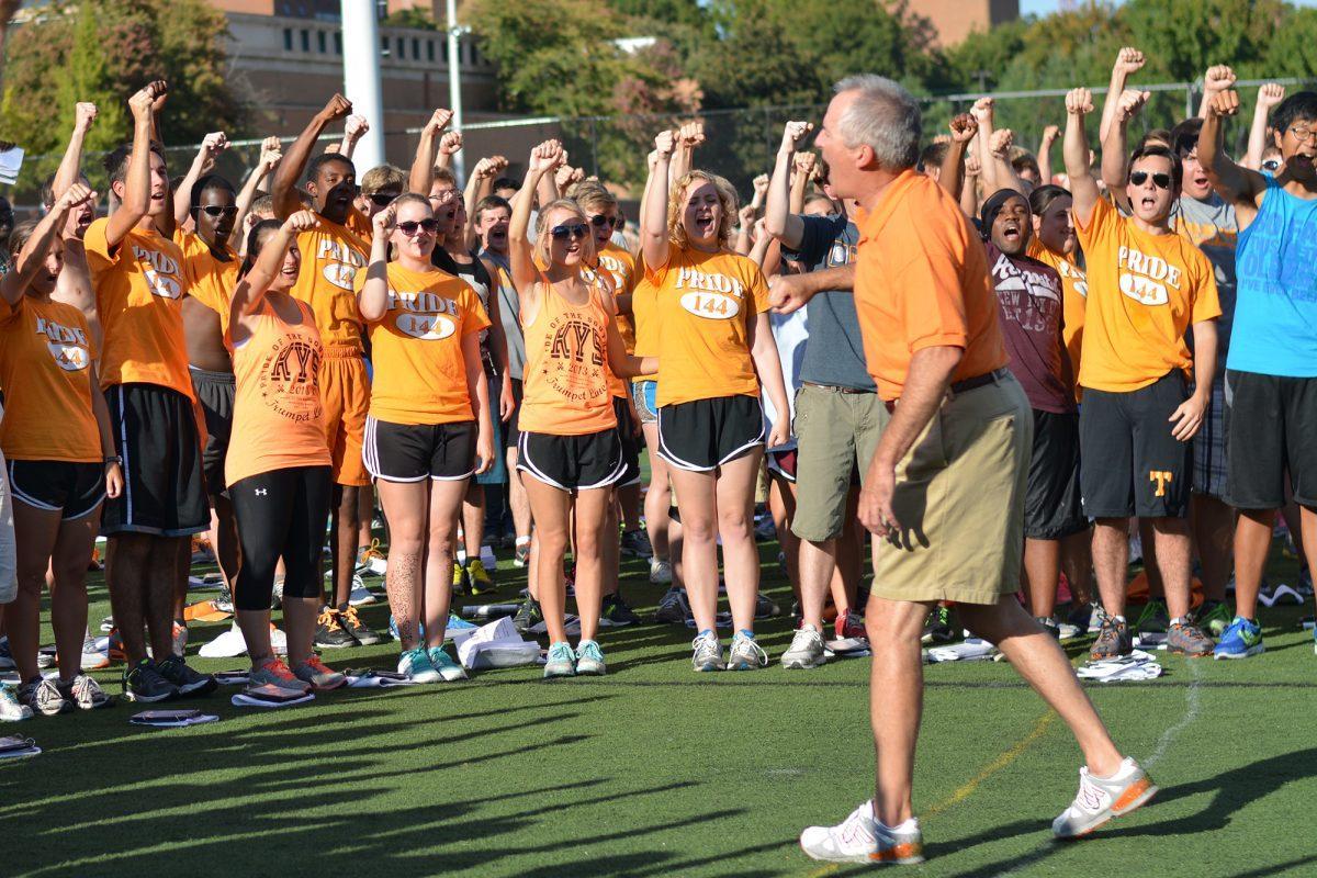 Immediately following the Alma mater, led by band director Gary Sousa, the Pride of Southland Band proudly exclaims "Forever Pride" after Wednesday's practice on the intramural fields.
