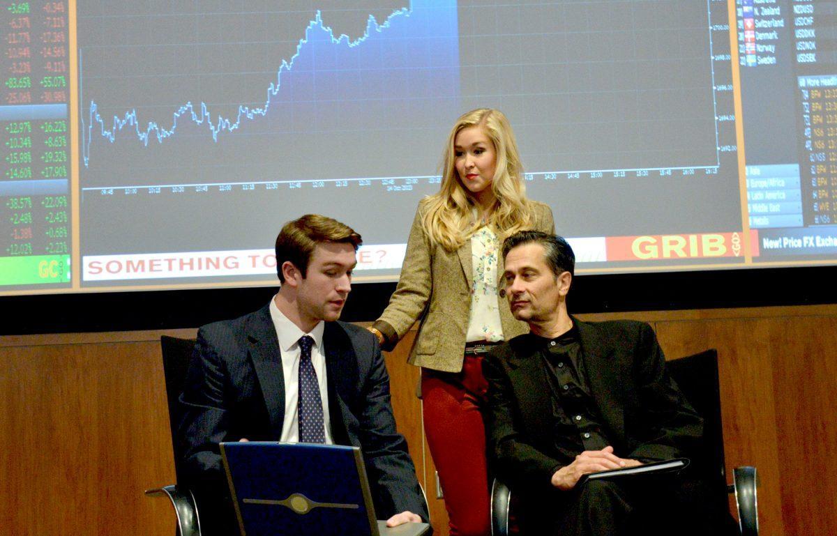 Alex Ward, left, Paige Woodward, middle, and Terry Weber will perform in the upcoming play "Ctrl+Alt+Delete," a satire on commercialism, greed, and cooperate ambition. The play premieres at the Clarence Brown Theatre on Thursday, Oct. 24.