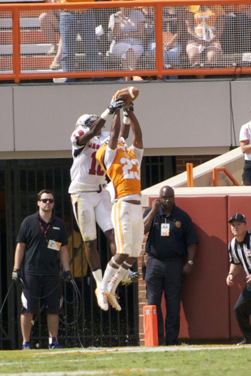 Freshman cornerback Cam Sutton, a native of Jonesboro, Ga., breaks up a pass in the end zone during UT's 31-24 win over South Alabama at Neyland Stadium on Sept. 28.