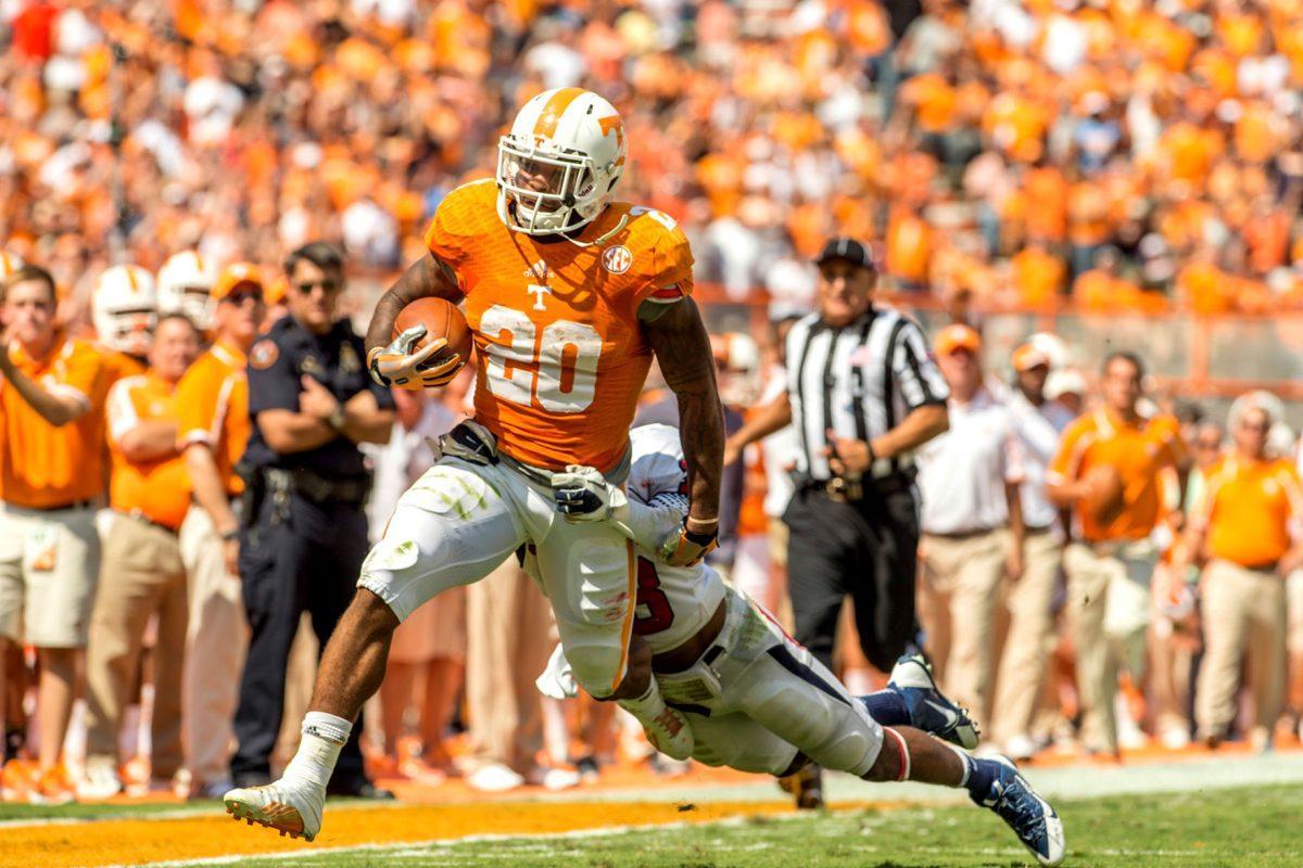 Senior running back Rajion Neal breaks a tackle en route to 53-yard scamper against South Alabama at Neyland Stadium on Sept. 28.