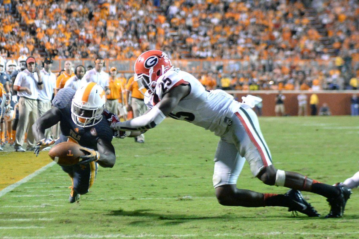 Tennessee wide receiver Alton Howard dives for the end zone Oct. 5 at Neyland Stadium. Howard fumbled for a touchback, and Georgia won on the ensuing posession.