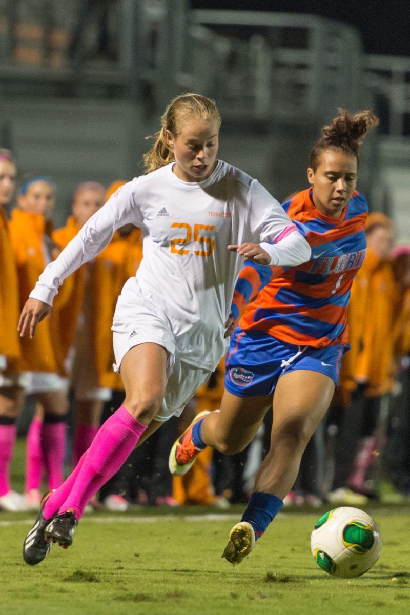 Senior midfielder Caroline Brown runs past a defender in a match against Florida at Regal Soccer Stadium on Oct. 25.