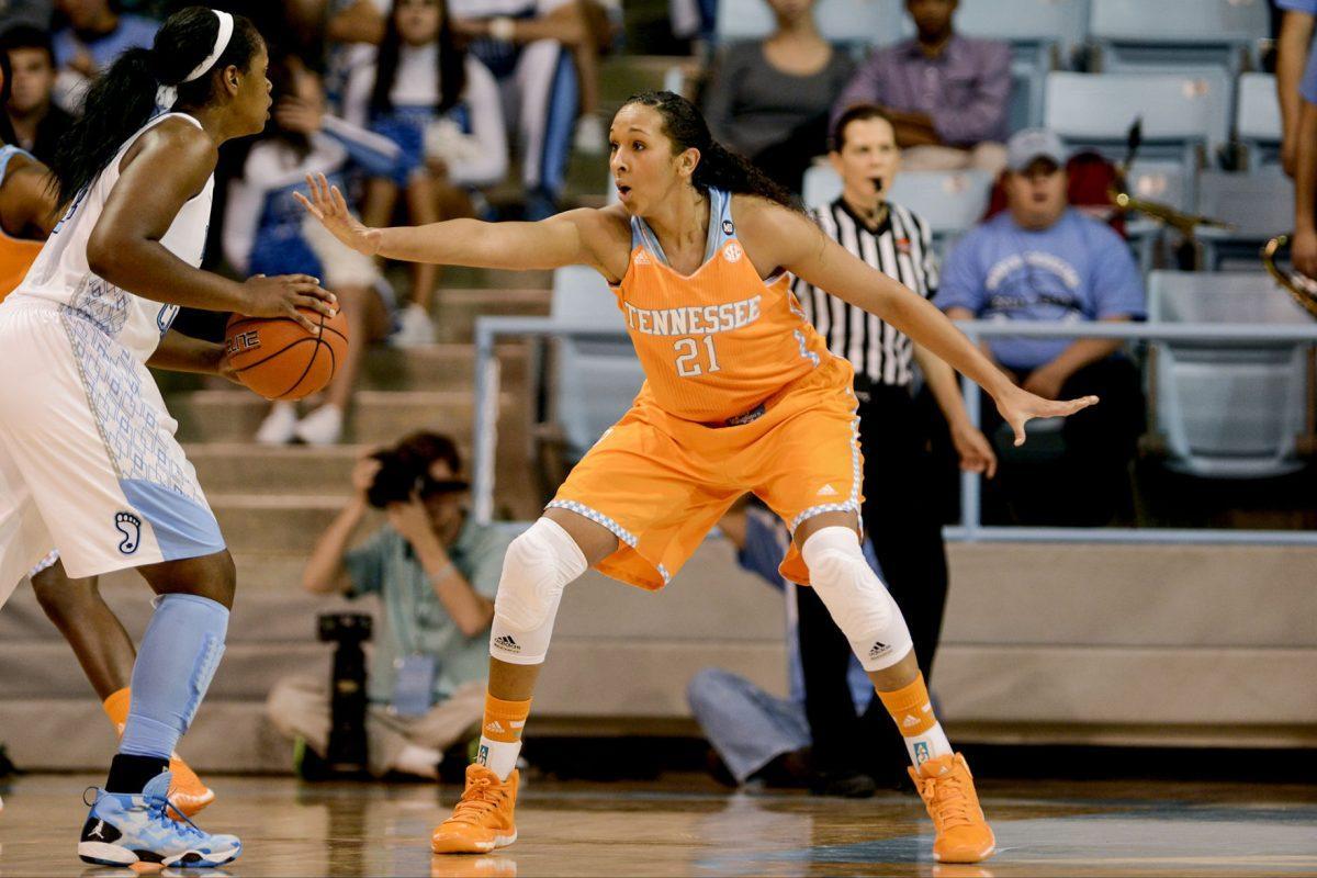 Tennessee freshman center Mercedes Russell guards a player for North Carolina during a game against the Tar Heels at Carmichael Arena in Chapel Hill, N.C., on Nov. 11.