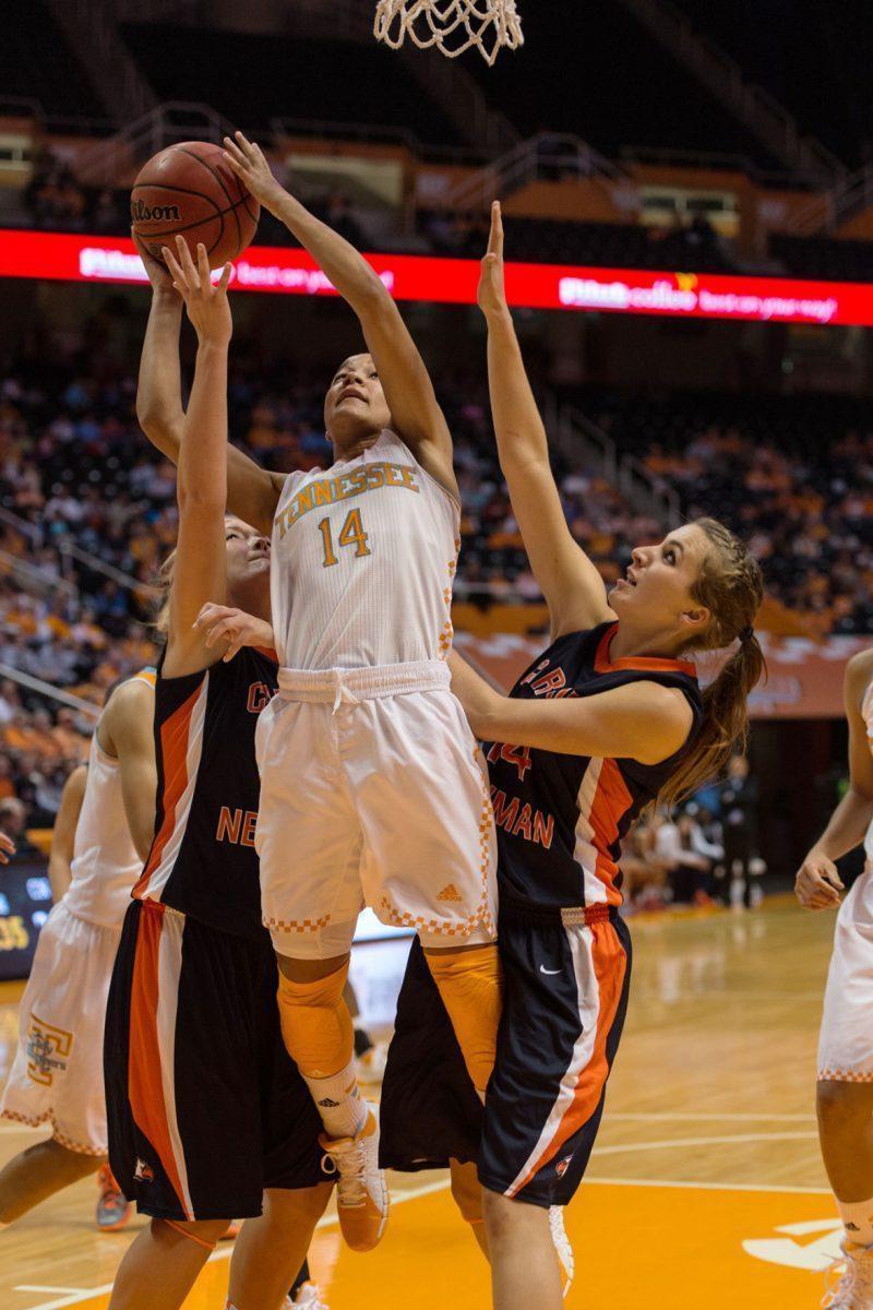 Freshman guard Andraya Carter fights through defender to put up a shot against the Carson-Newman Lady Eagles during an exhibition game at Thompson-Boling Arena on Nov. 4.