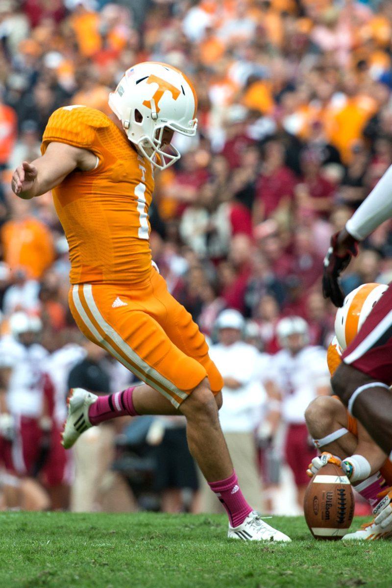 Senior kicker Michael Palardy boots a 19-yard field goal as time expires against South Carolina at Neyland Stadium on Oct. 19.